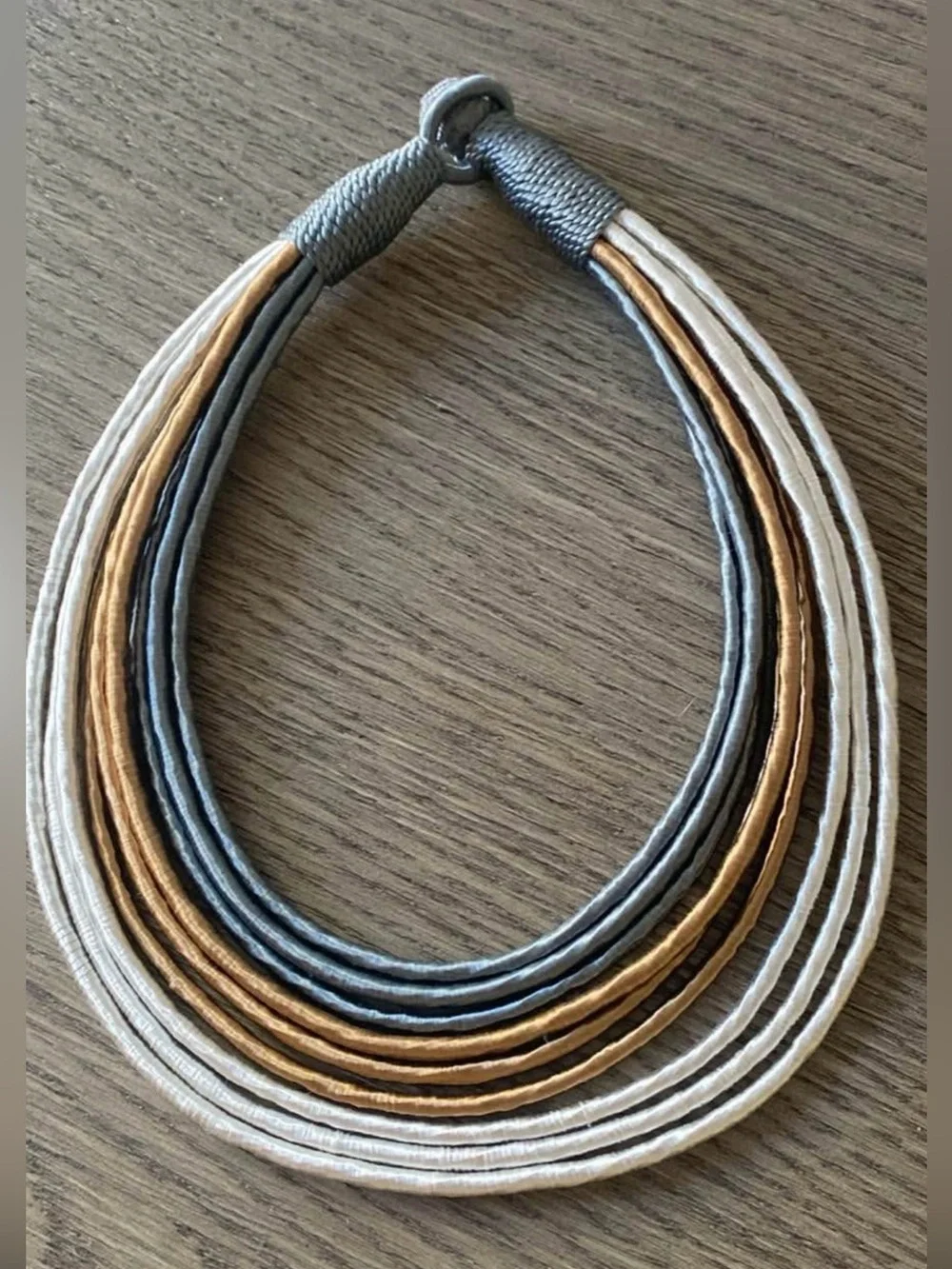 Neutral Multi-Strand Statement Necklace in Gray, Gold & Cream